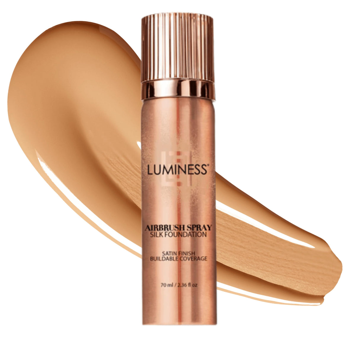 LUMINESS bottle front view showing Medium shade and compact travel size
