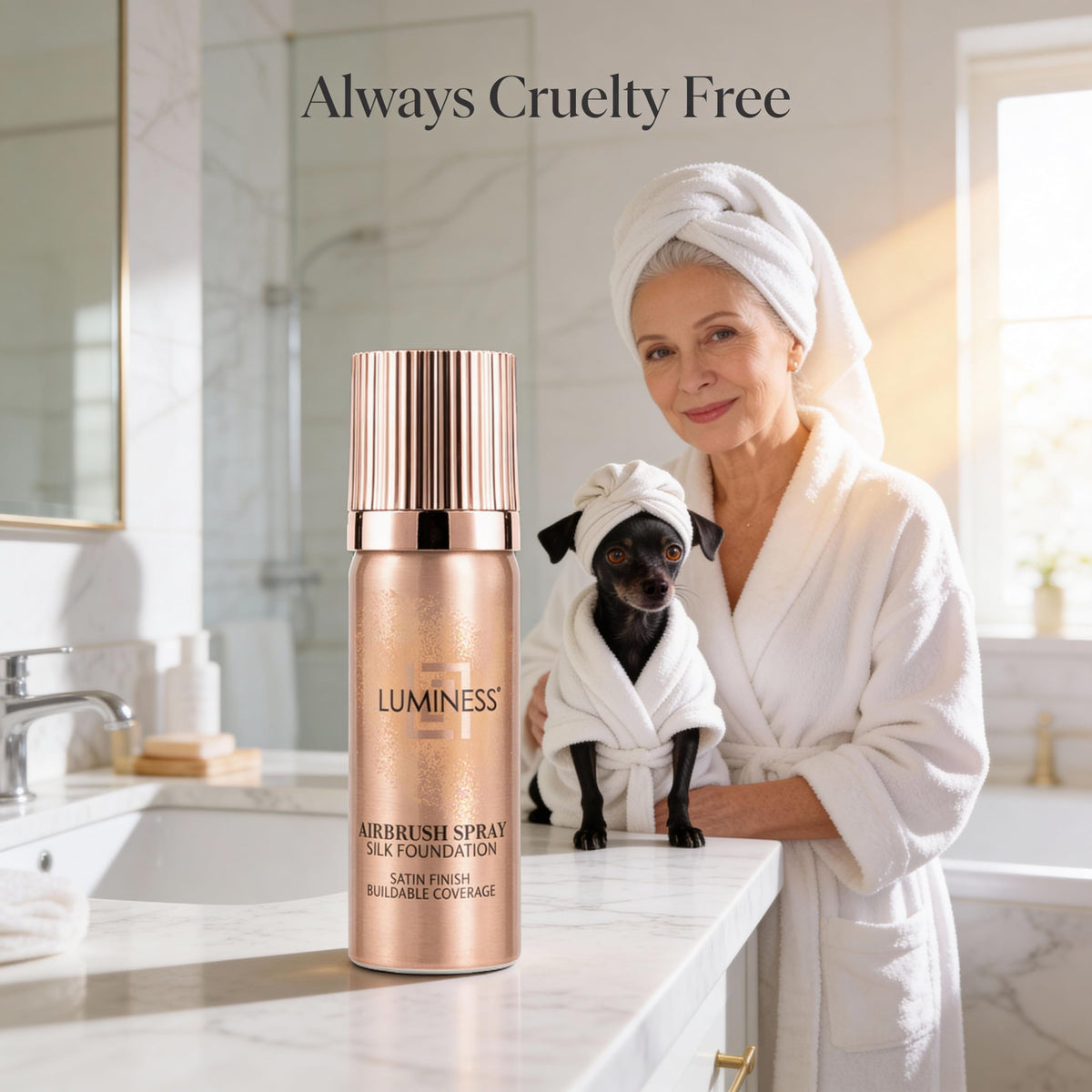 LUMINESS spraying foundation onto brush demonstrating application control and coverage