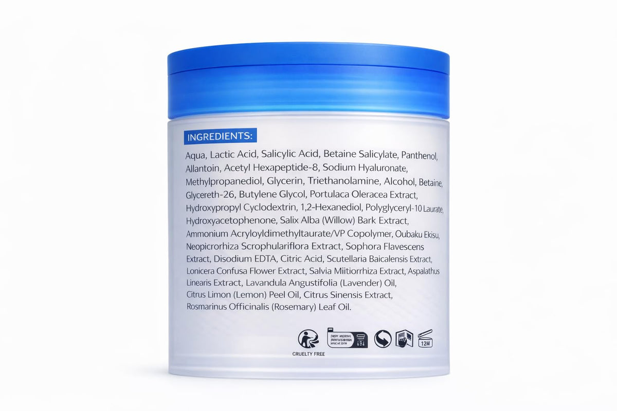 Jar label close-up highlighting AHA BHA hyaluronic acid and soothing actives benefits