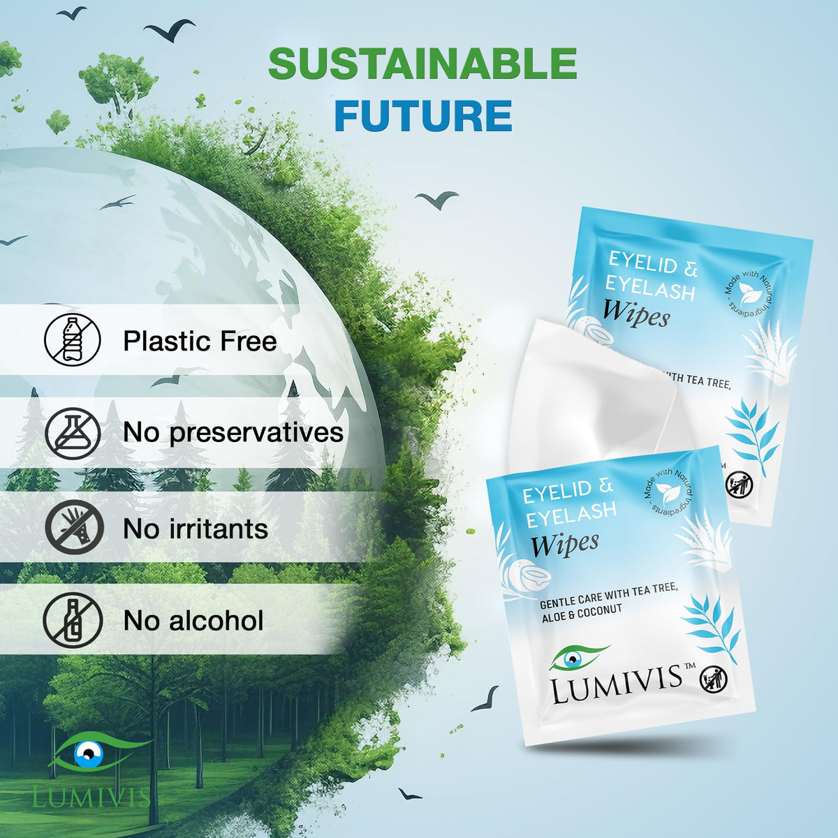 Lumivis ingredients label close-up listing tea tree, aloe vera and coconut for soothing