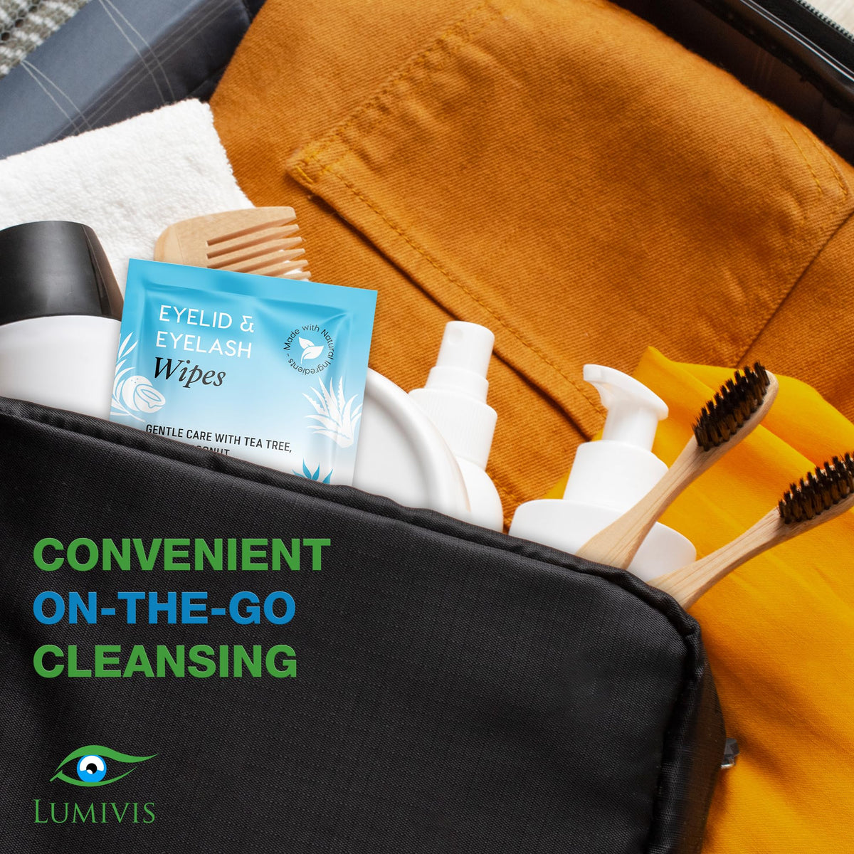Lumivis wipes in a purse travel pouch showing portability and on-the-go care