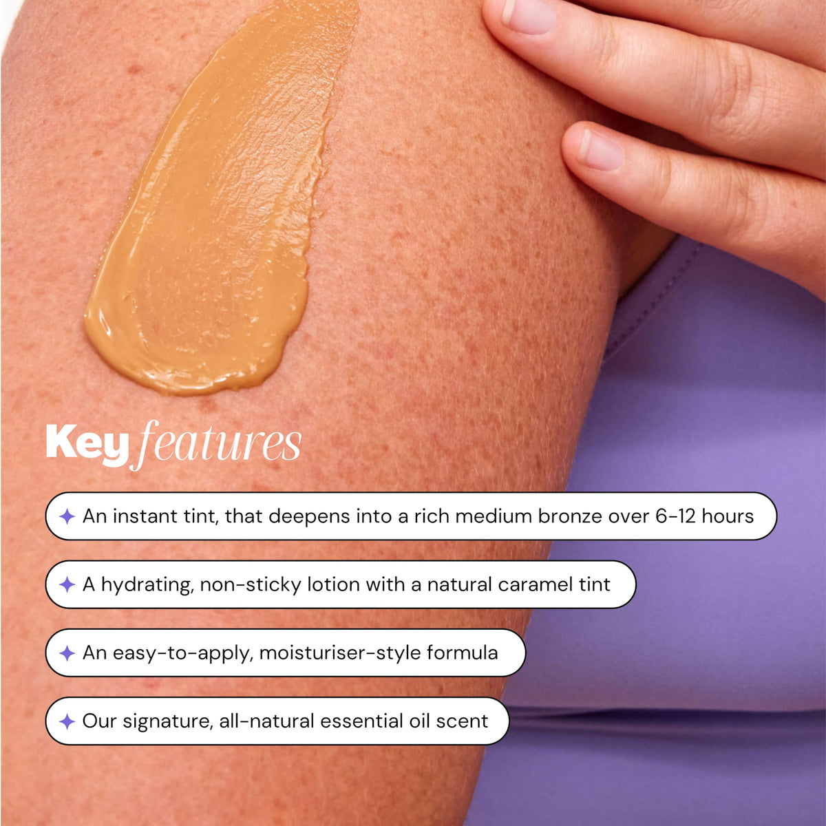 Luna Bronze applying to arm demonstrating even, streak-free blend benefit