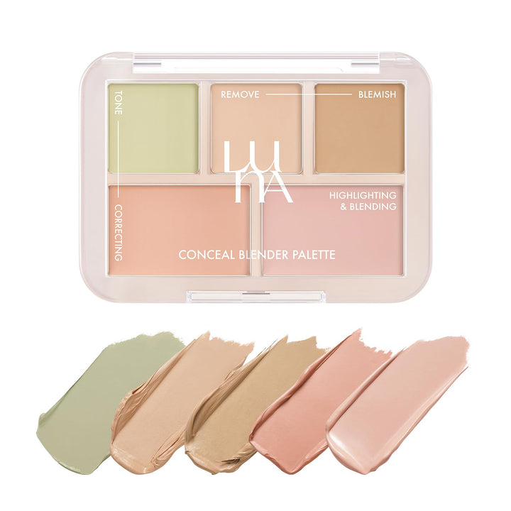 LUNA palette front open showing five complementing shades and compact mirror benefit blending