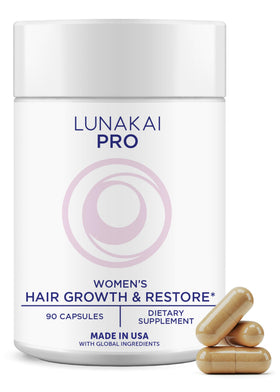 Lunakai front packaging showing bottle and 90 capsules for daily hair support