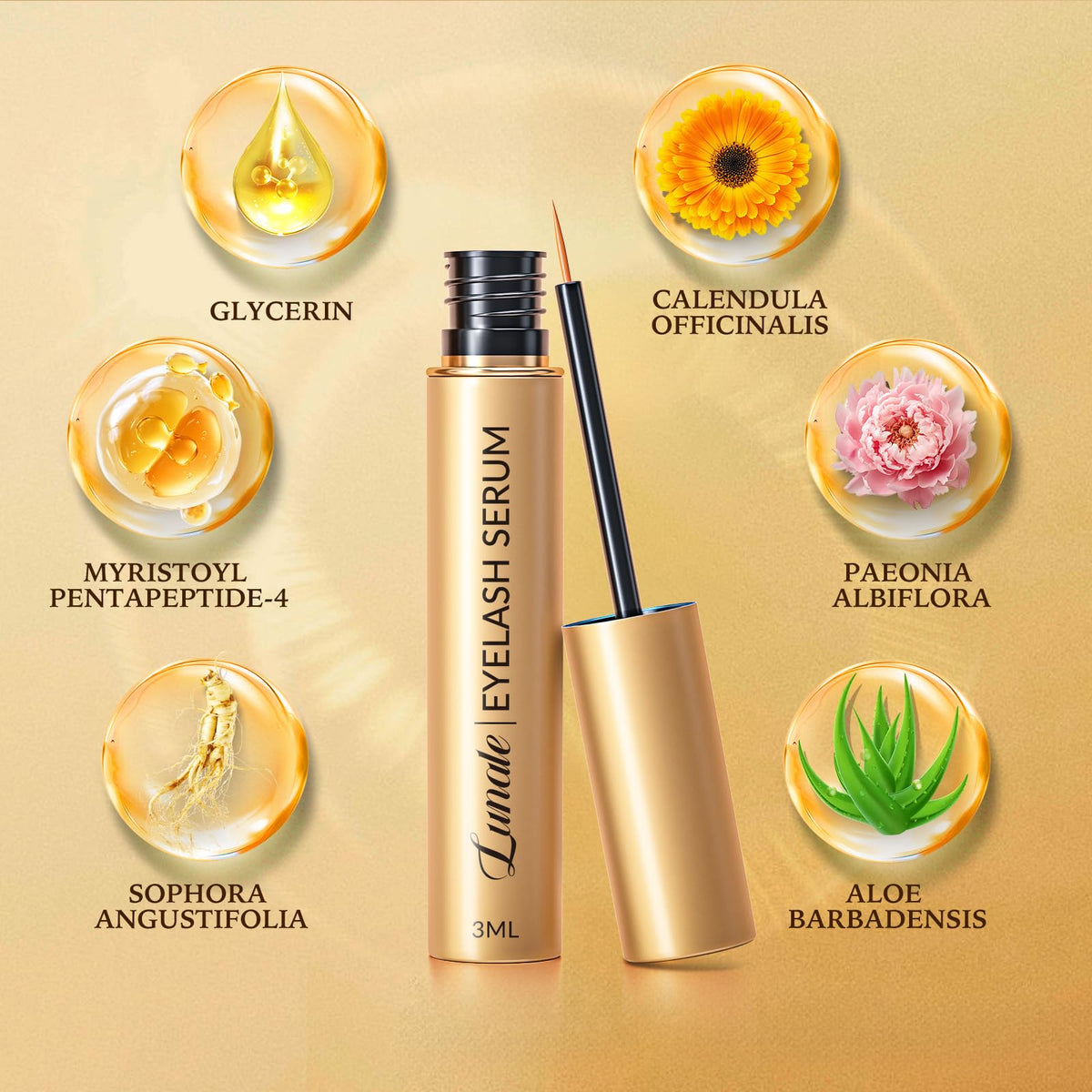 Lunale before and after illustration showing fuller lashes after weeks of use benefit