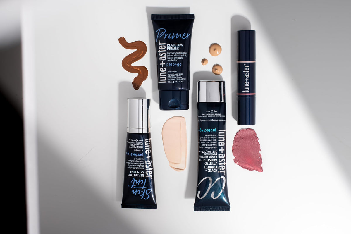 Lune+Aster primer staged on vanity suggesting everyday skincare and glow