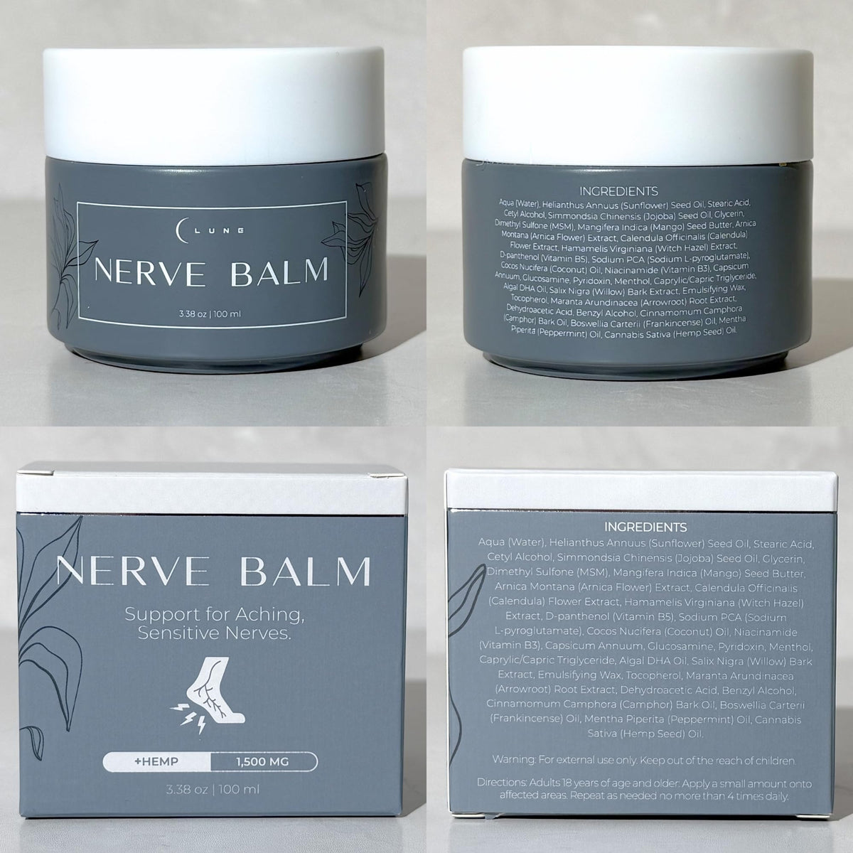 Lune nerve balm ingredients flatlay featuring hemp, arnica, magnesium for natural support