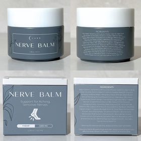 Lune nerve balm ingredients flatlay featuring hemp, arnica, magnesium for natural support