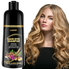 Lunory front packaging showing blonde brown shampoo benefits and shade