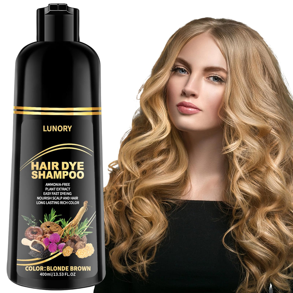 Lunory front packaging showing blonde brown shampoo benefits and shade