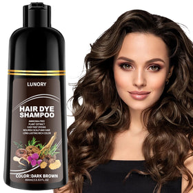 Lunory front packaging showing dark brown shampoo benefits