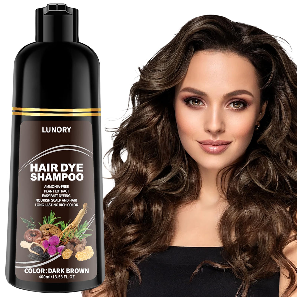 Lunory front packaging showing dark brown shampoo benefits