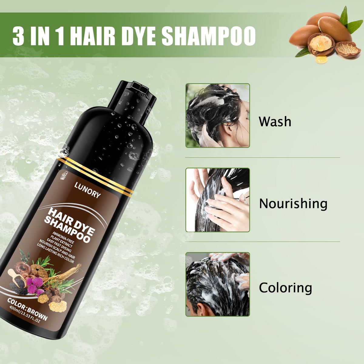 Lunory lifestyle image of woman applying shampoo for quick salon results