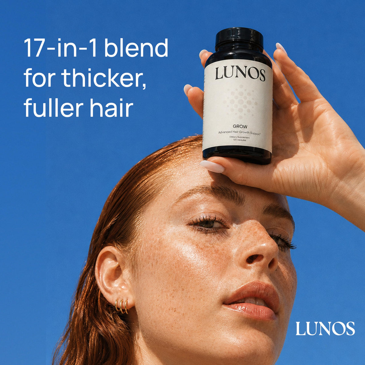 Lunos bottle with capsules spilled showing dosage and convenience