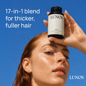 Lunos bottle with capsules spilled showing dosage and convenience