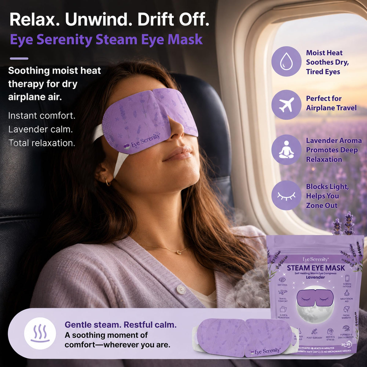 Lure Essentials eye mask in use on a resting person offering calming warmth and tension relief