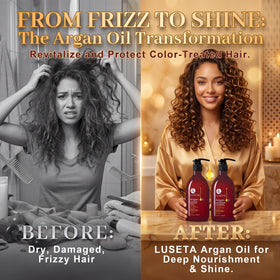 LUSETA before-and-after hair comparison showing reduced frizz and shine