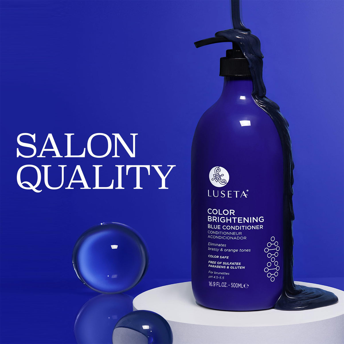 Luseta blue conditioner label detail highlighting ingredient callouts
