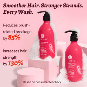 Luseta bottle close-up label with keratin text, emphasizes protein repair
