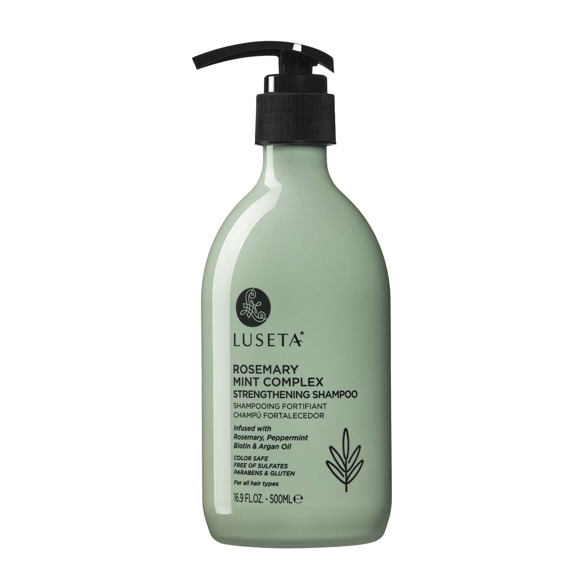 LUSETA front bottle view showing rosemary mint shampoo benefits
