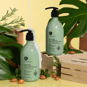 Luseta bottle label closeup highlighting rosemary mint formula and claims