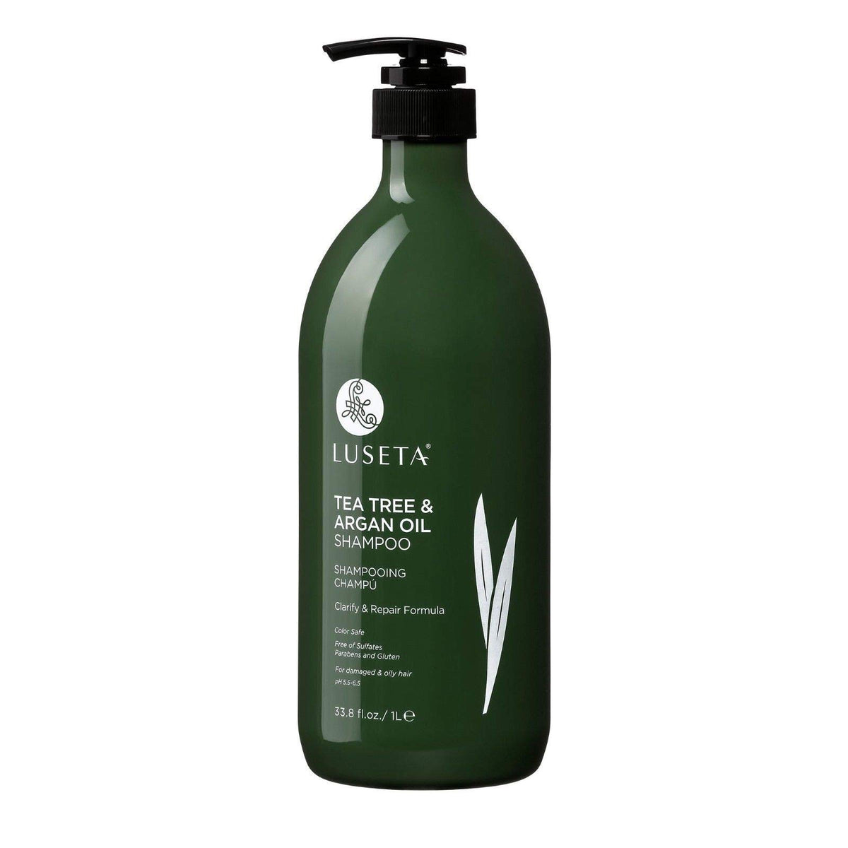 Luseta closeup label highlighting tea tree and argan ingredients