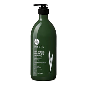 Luseta closeup label highlighting tea tree and argan ingredients