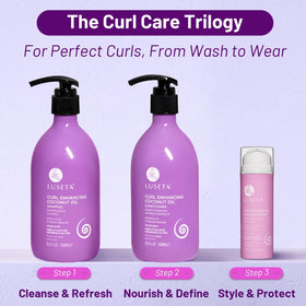 LUSĒTA curly hair before and after comparison illustrating reduced frizz benefit