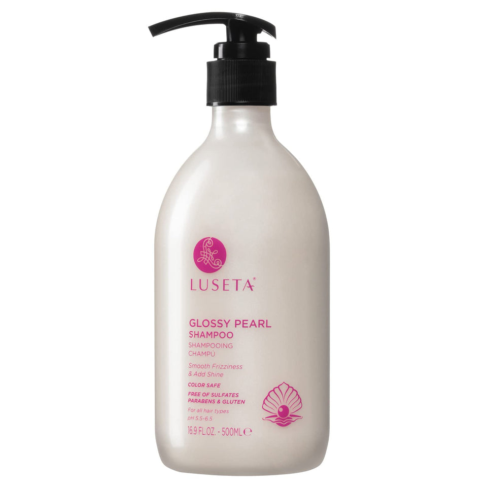 LUSETA front bottle showing glossy pearl shampoo and sleek packaging benefit shine