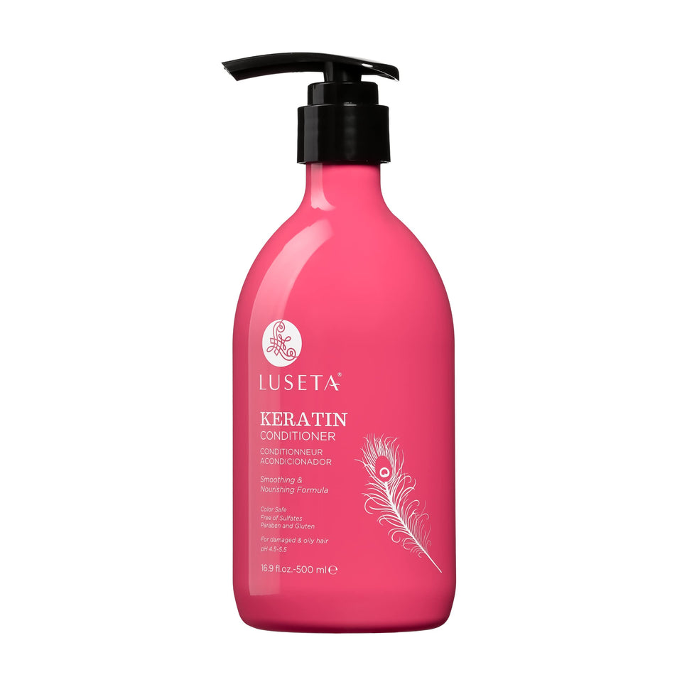 LUSETA front bottle image showing keratin conditioner benefits