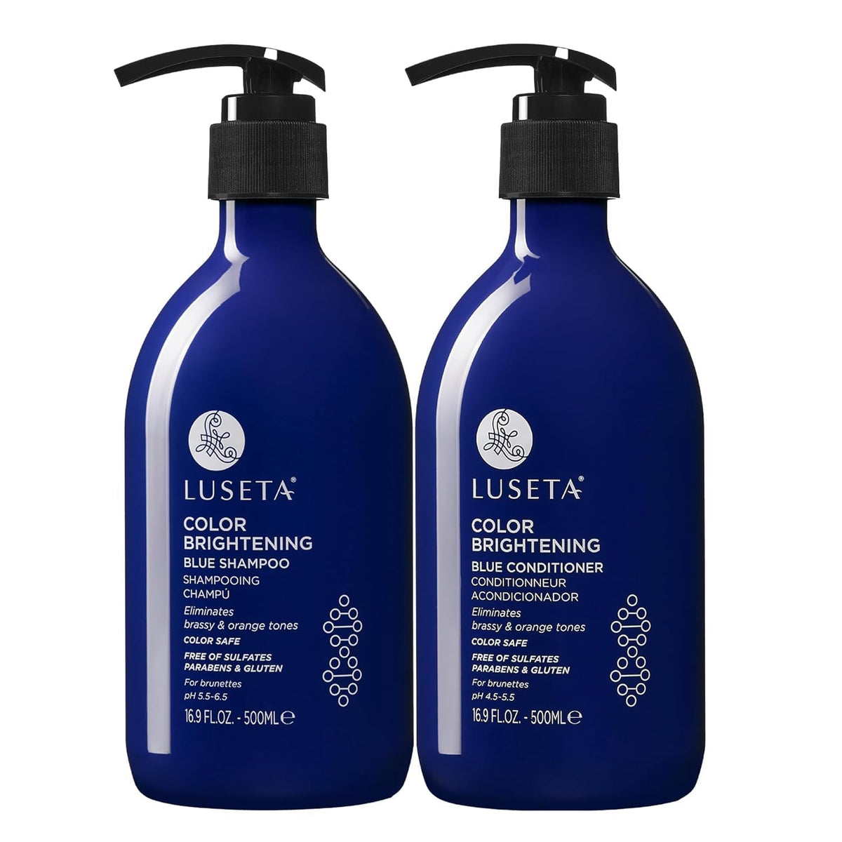 Luseta front packaging showing blue shampoo and conditioner, neutralizes brassiness