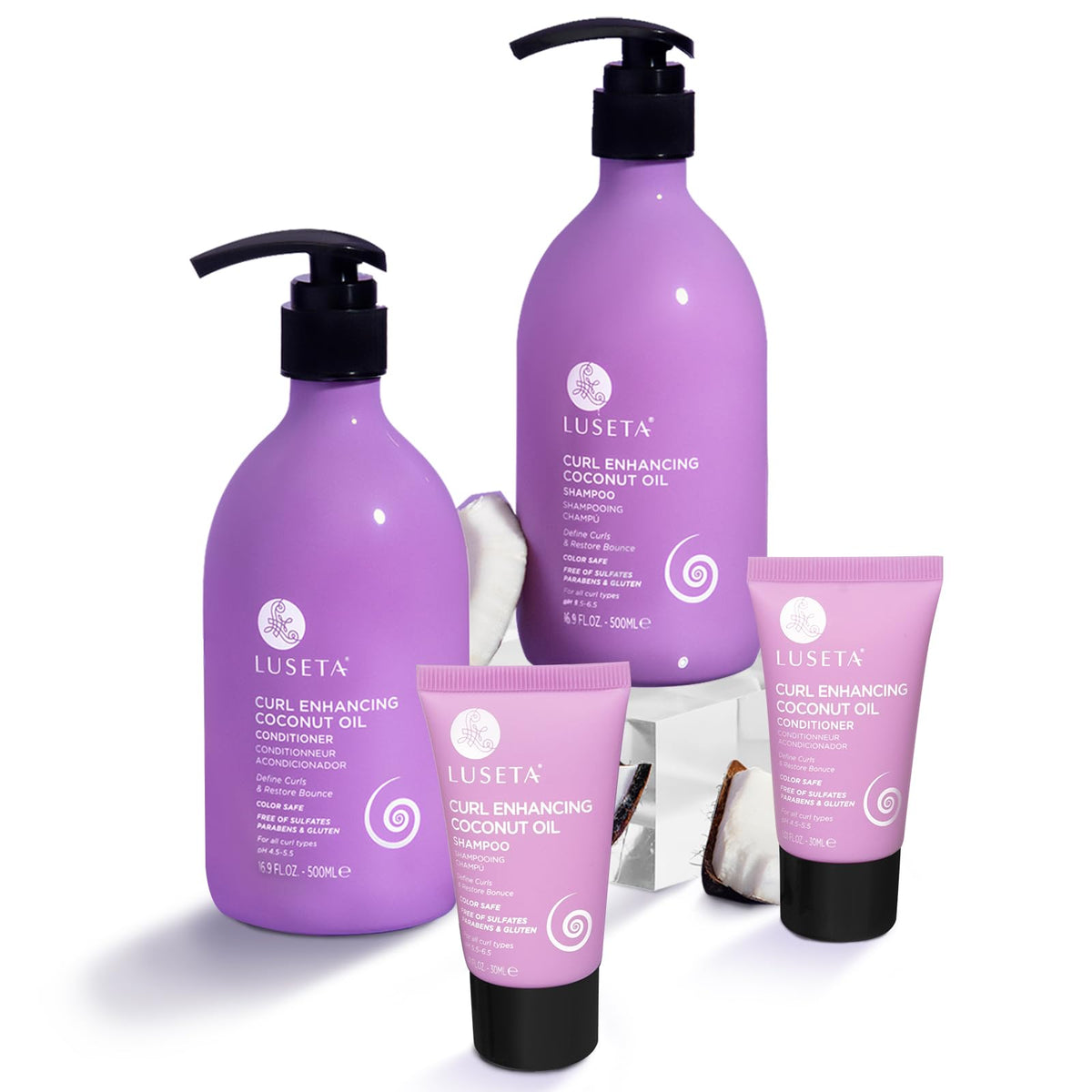 LUSĒTA front packaging curl set showing complete bottles and branding benefits