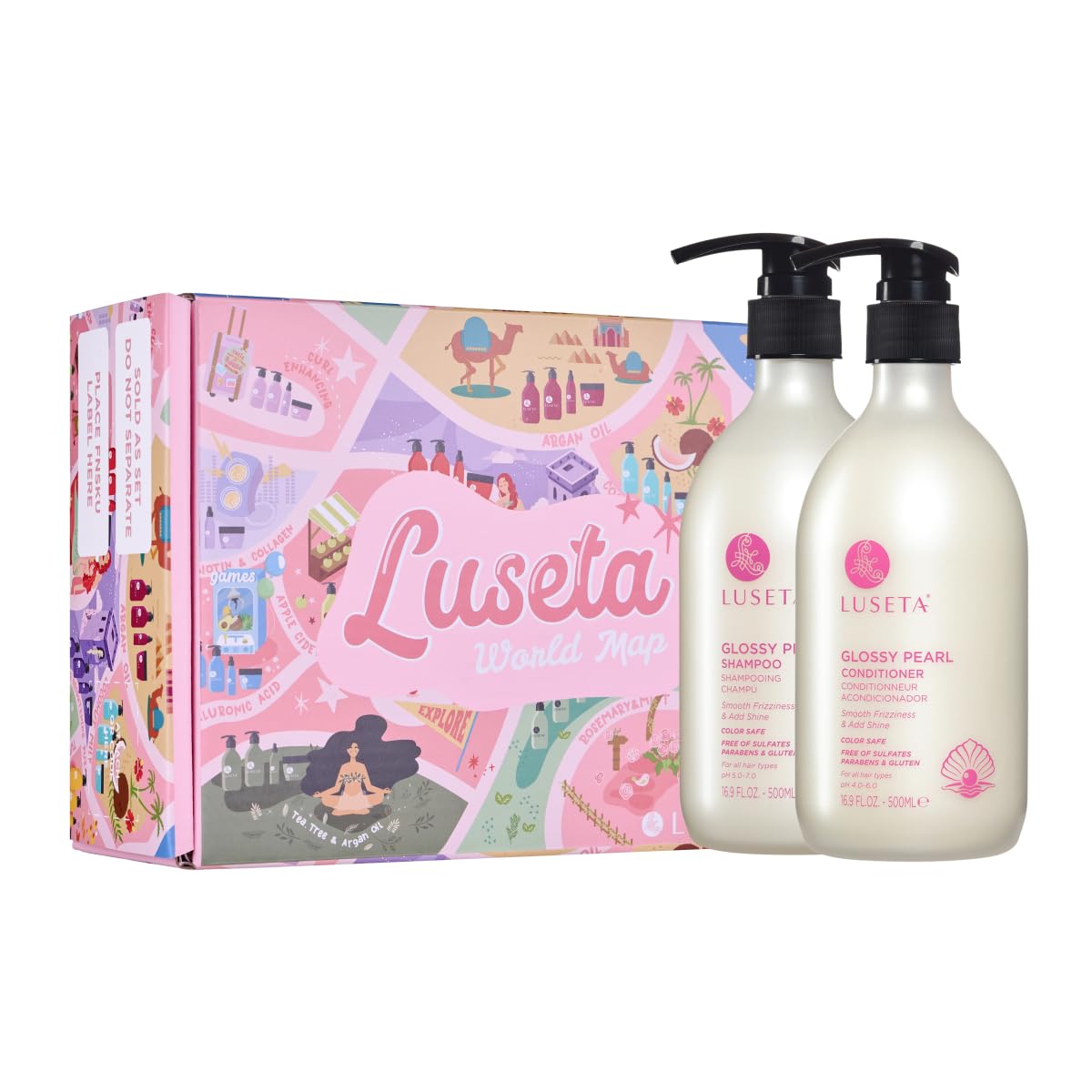 LUSÉTA front packaging showing glossy shampoo and conditioner for visible shine