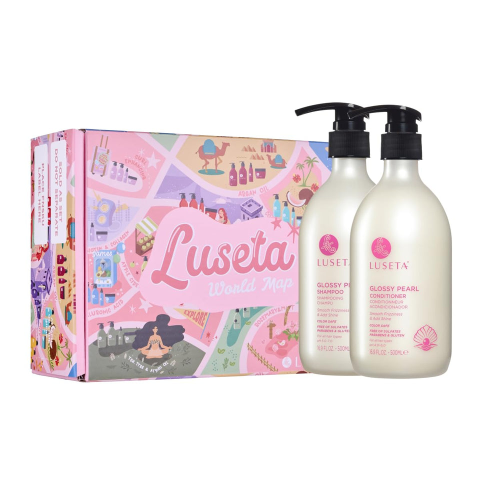 LUSÉTA front packaging showing glossy shampoo and conditioner for visible shine