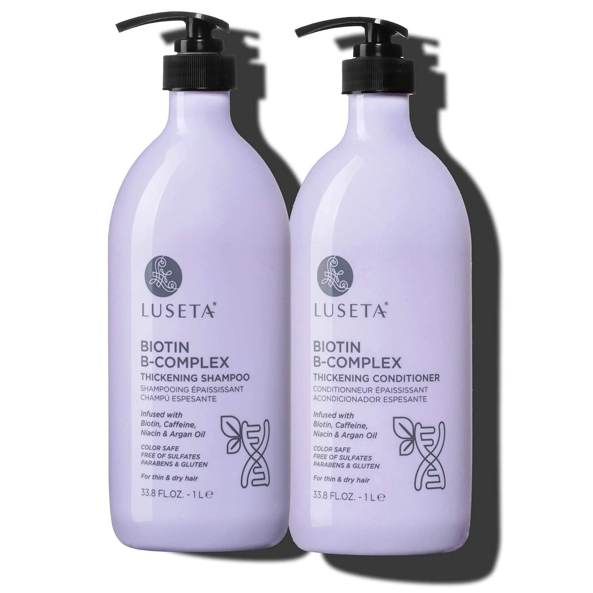 Luseta front packaging of shampoo and conditioner shows full-size bottles and benefits