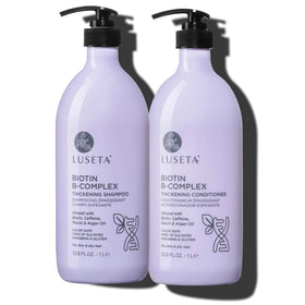 Luseta front packaging of shampoo and conditioner shows full-size bottles and benefits