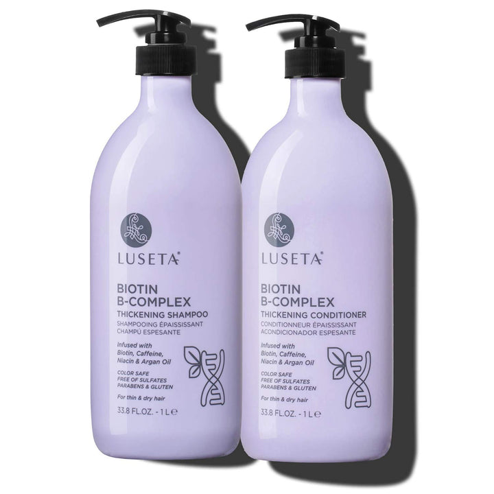 Luseta front packaging of shampoo and conditioner shows full-size bottles and benefits