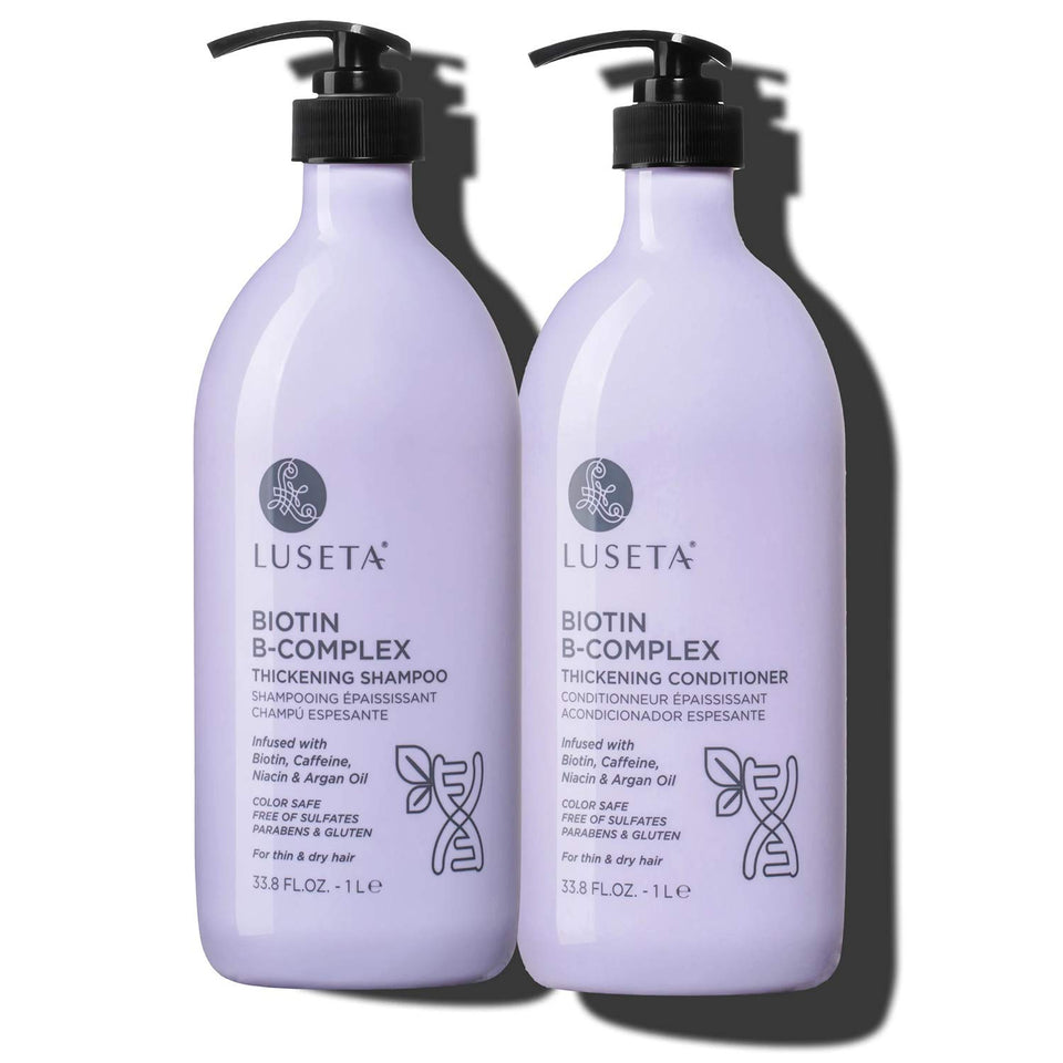 Luseta front packaging of shampoo and conditioner shows full-size bottles and benefits