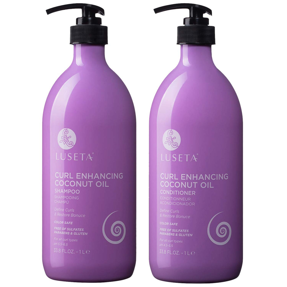 Luseta front packaging of shampoo and conditioner conveying clear curl benefits