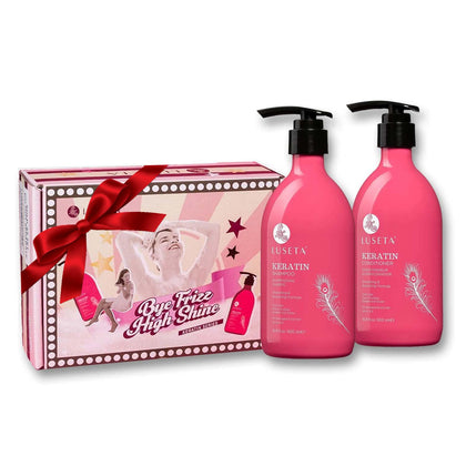 Luseta front packaging showing shampoo and conditioner, highlights smoothing benefit
