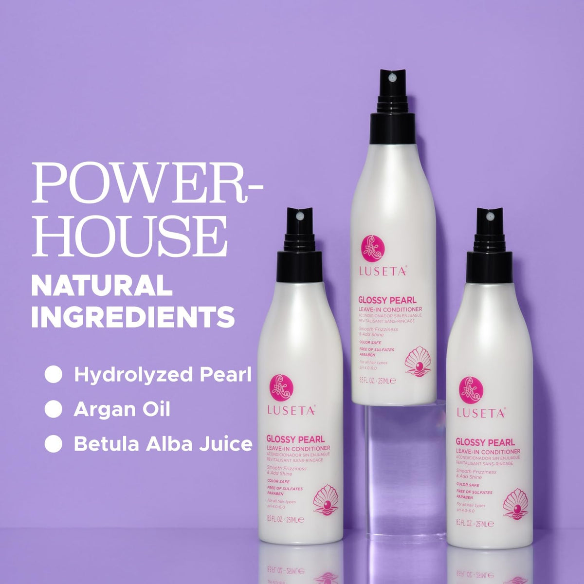 L LUSETA spray applied from hand demonstrating easy leave-in application for shine