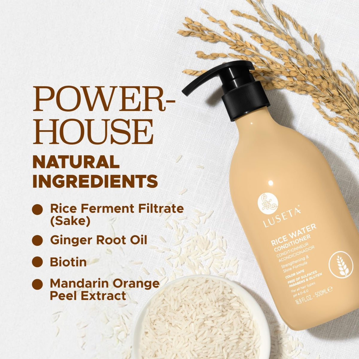 LUSETA rice ferment ingredient bottle, communicates natural strengthening benefits