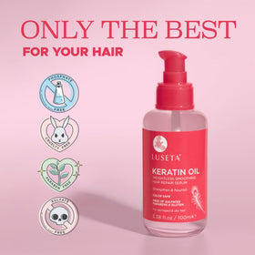 Luseta serum being applied to towel-dried hair mid-lengths showcasing easy use