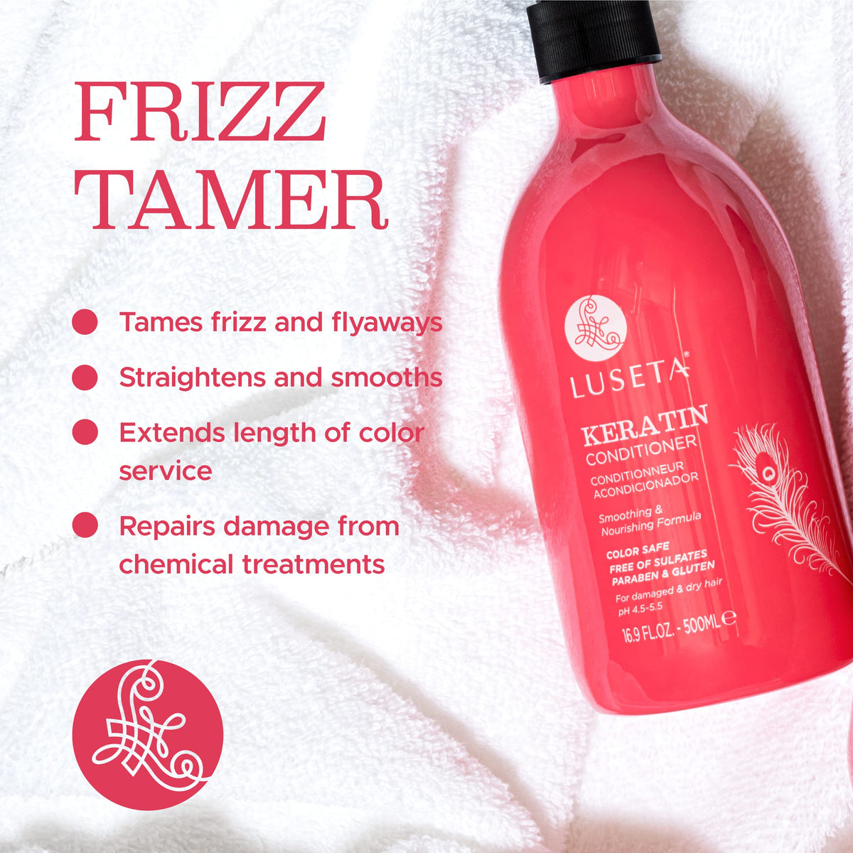 LUSETA close-up label highlighting sulfate-free and repair claims