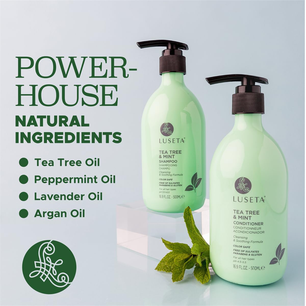 LUSETA product label close-up showing tea tree and argan ingredients benefit
