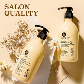 LUSETA displayed on bathroom shelf suggesting salon results