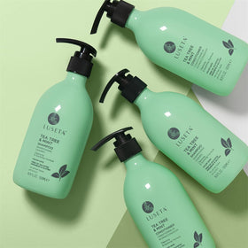 LUSETA set styled on bathroom shelf conveying spa-like refreshment benefit