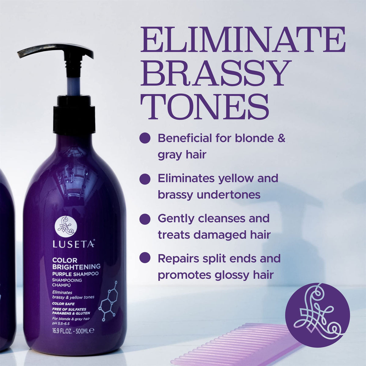 Luseta purple shampoo pouring texture demonstrates creamy pigment and hydration