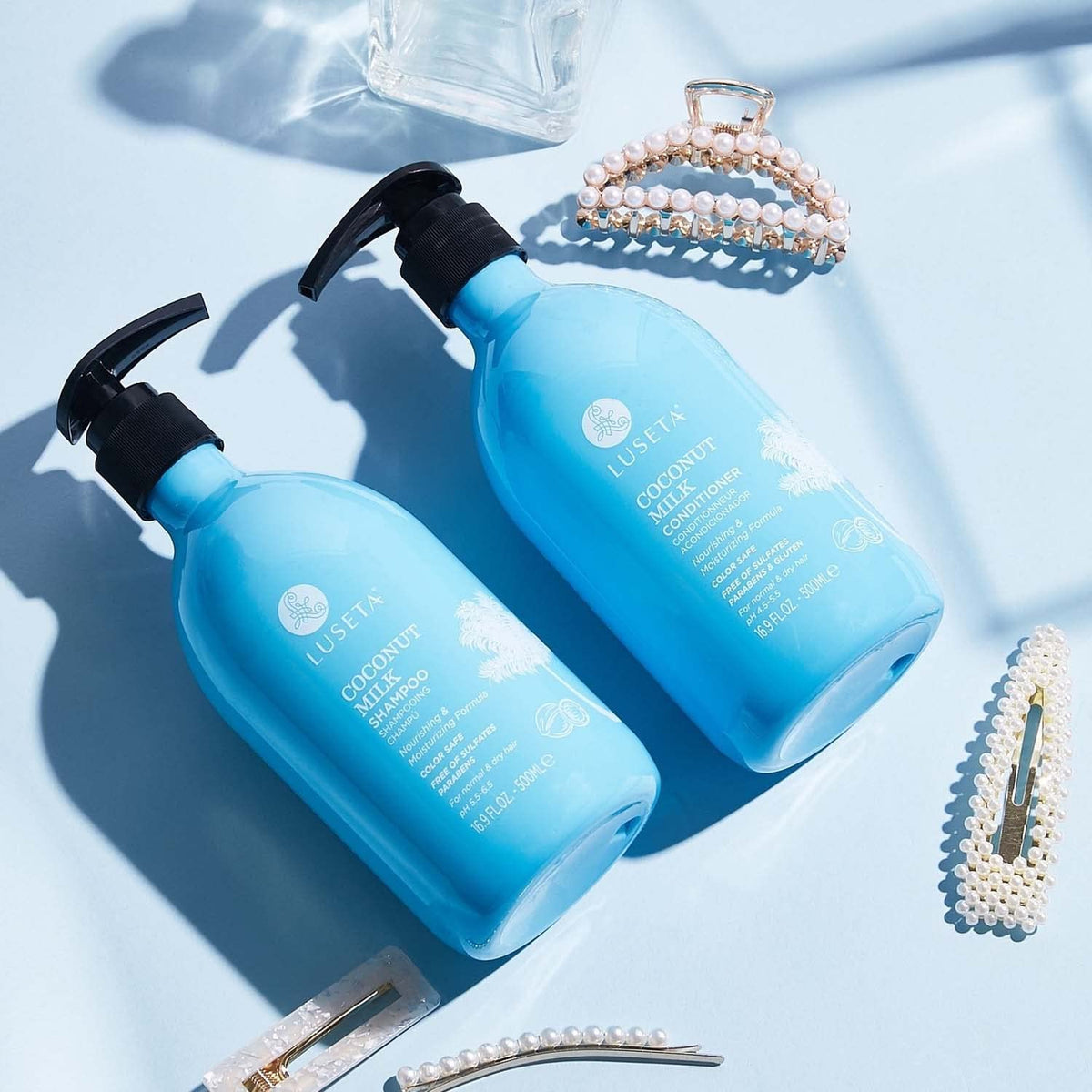 Luseta displayed with coconut, argan, avocado and almond oils as benefits