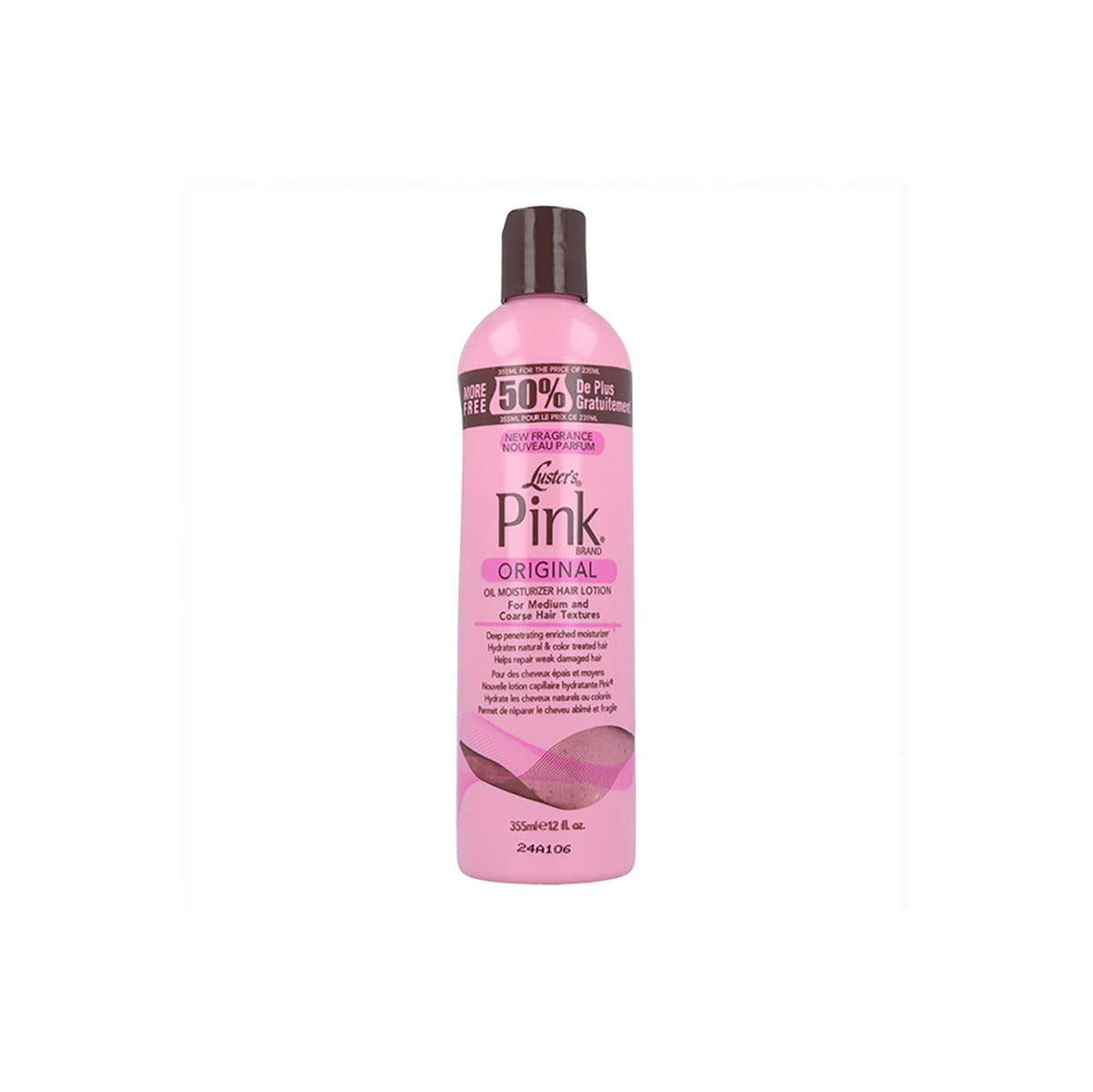 Luster Pink bottle front packaging showing label and size, easy-to-use benefit
